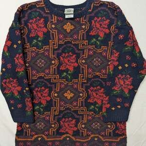 Vintage Laura Ashley Floral Tapestry Hand Knit 100% Wool Tunic Sweater
